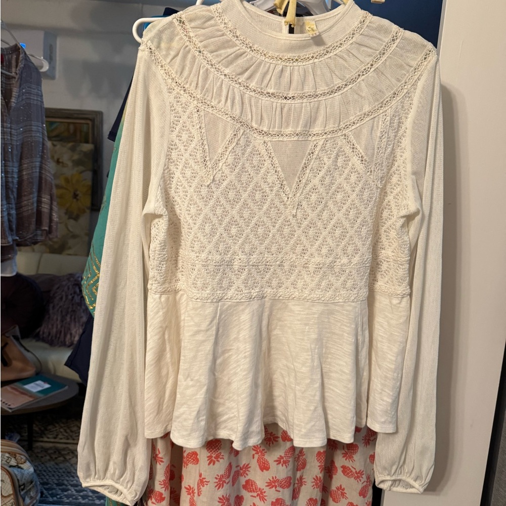 Free People Cream Lace Detail Blouse
